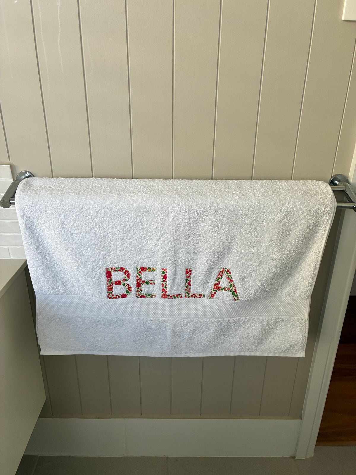 Personalised Bath Towels using Liberty of London Betsy Red for Appliqué