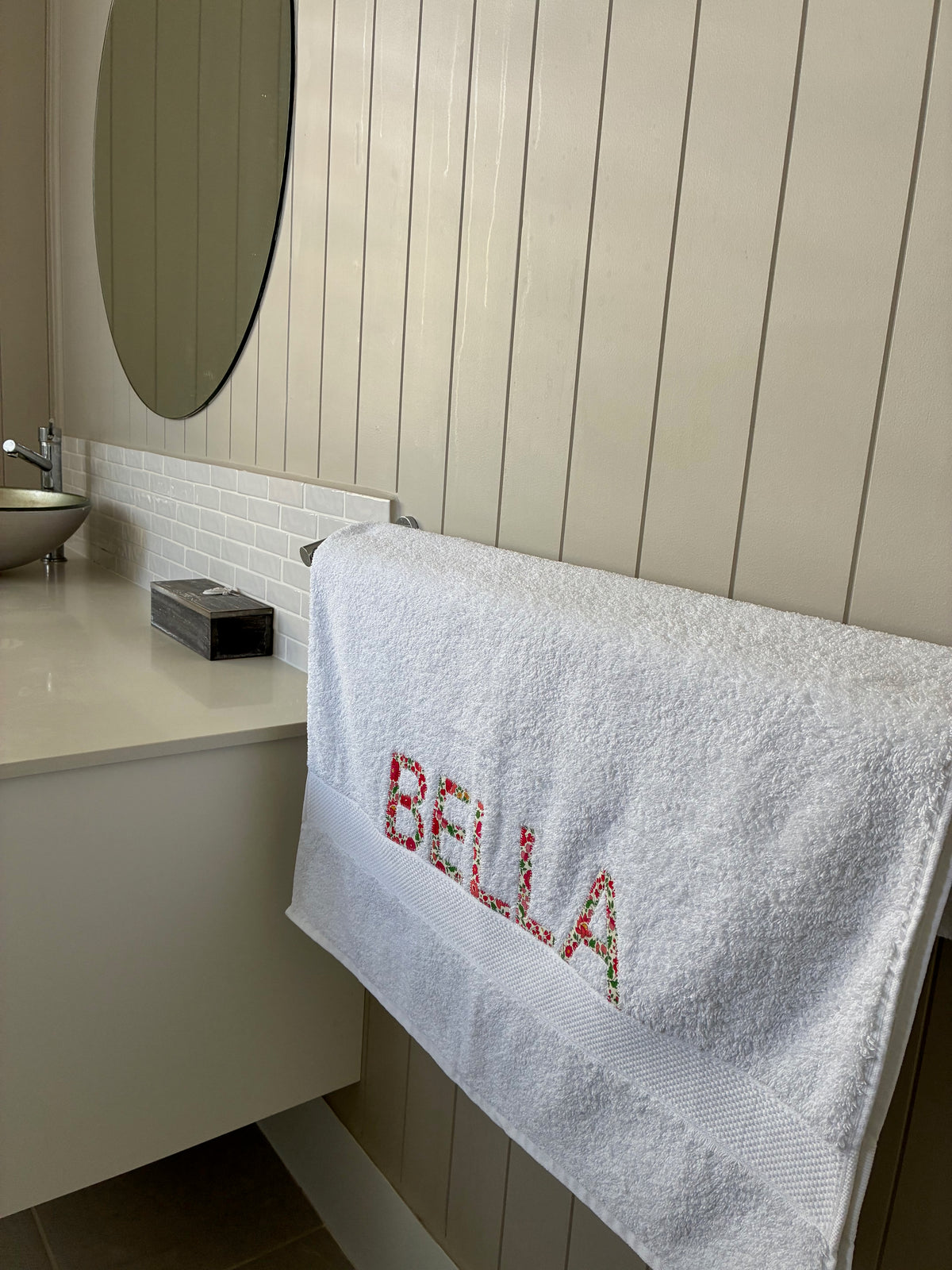 Personalised Bath Towels using Liberty of London Betsy Red for Appliqué