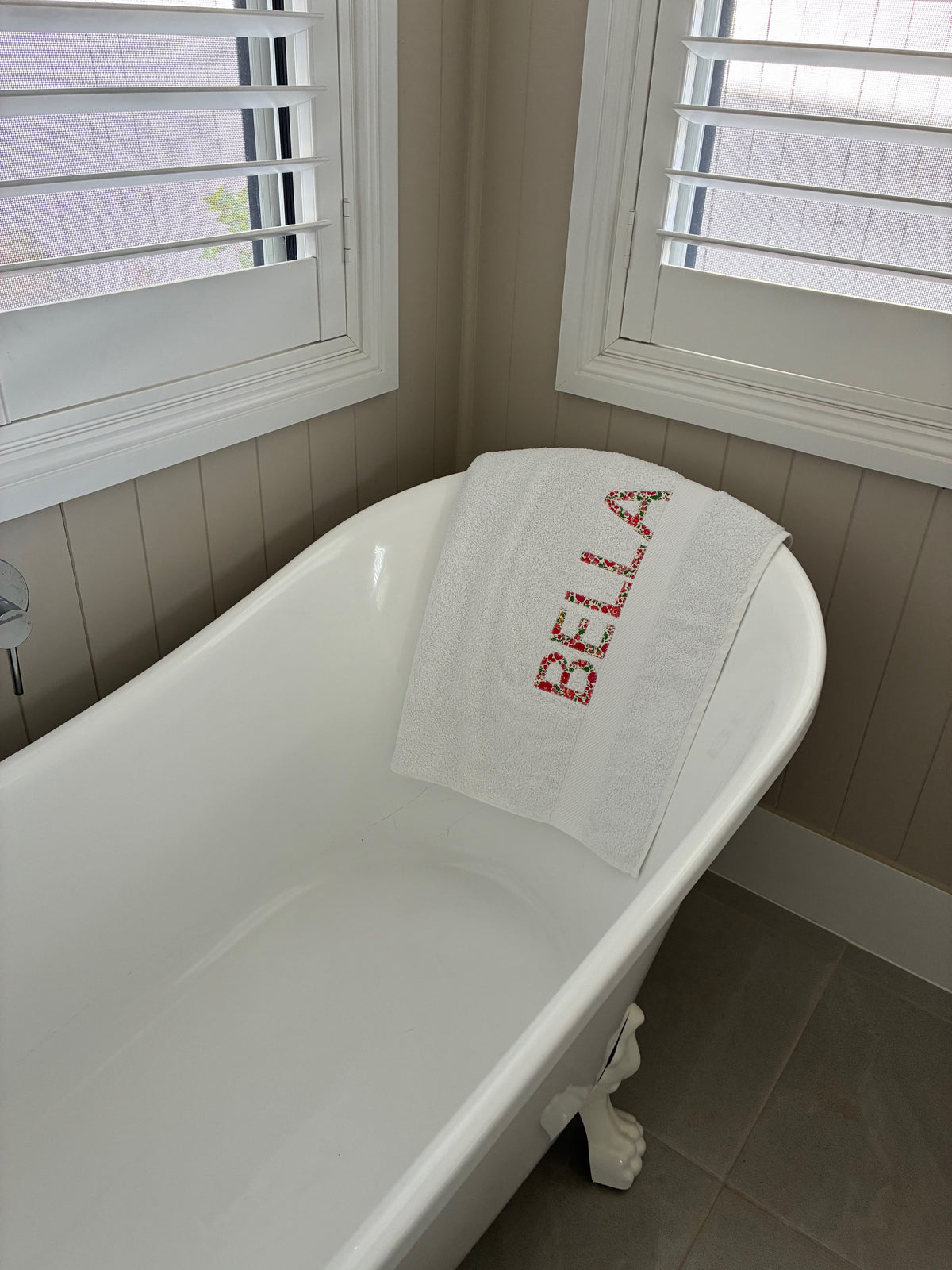 Personalised Bath Towels using Liberty of London Betsy Red for Appliqué