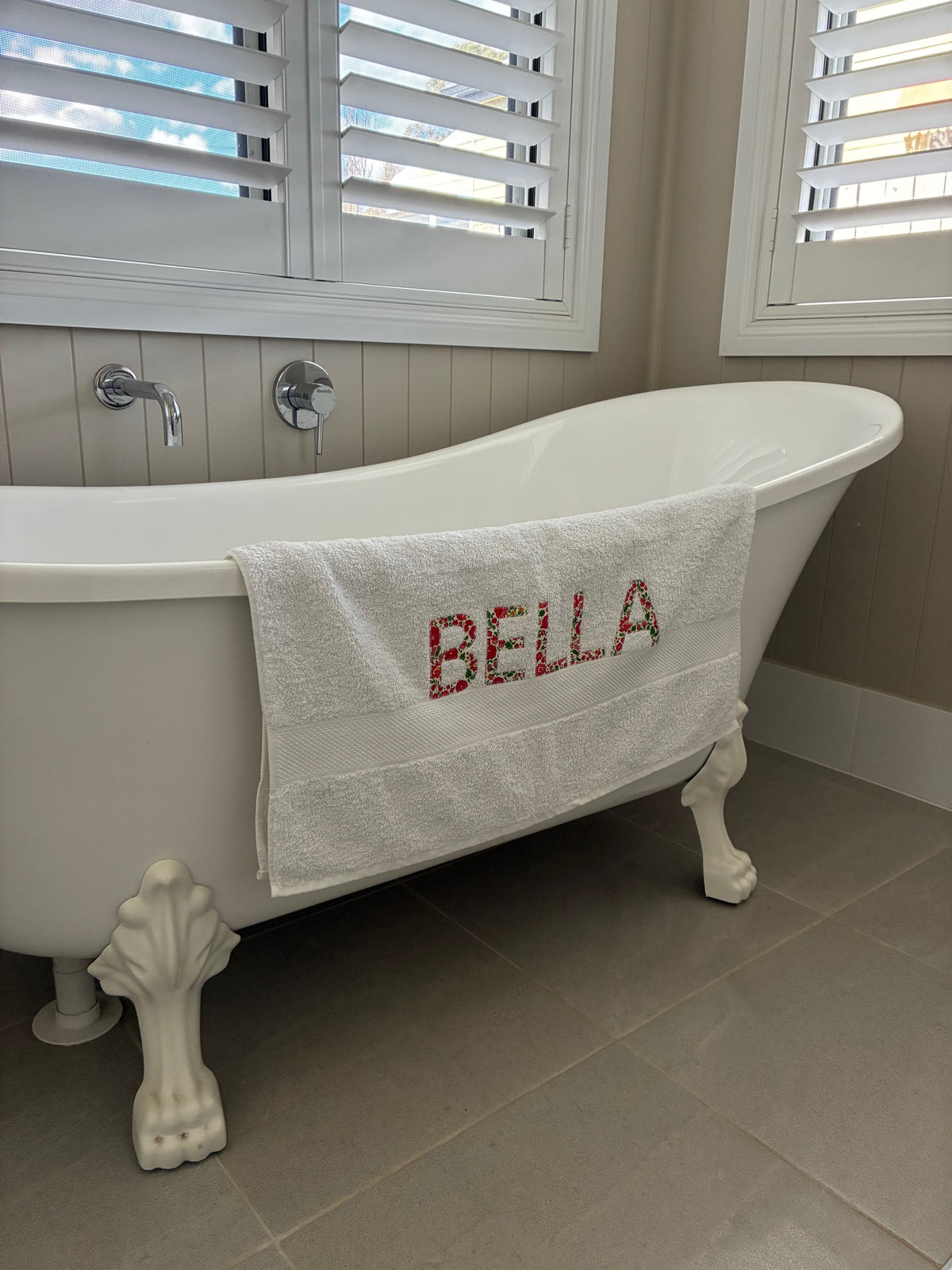 Personalised Bath Towels using Liberty of London Betsy Red for Appliqué