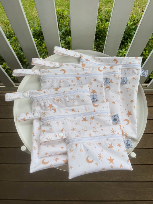 Water-resistant wet bags - Stars and Moons Gold and White (JacSlade)