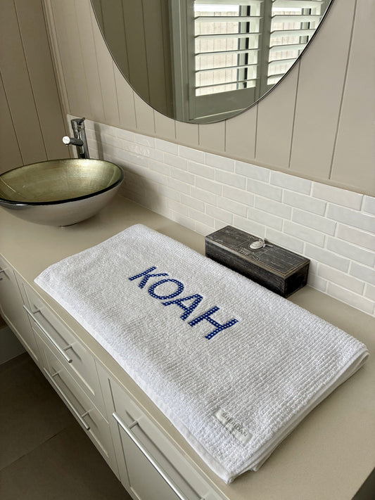 Personalised Bath Towels - Classic Dark Blue & White Gingham Appliqué