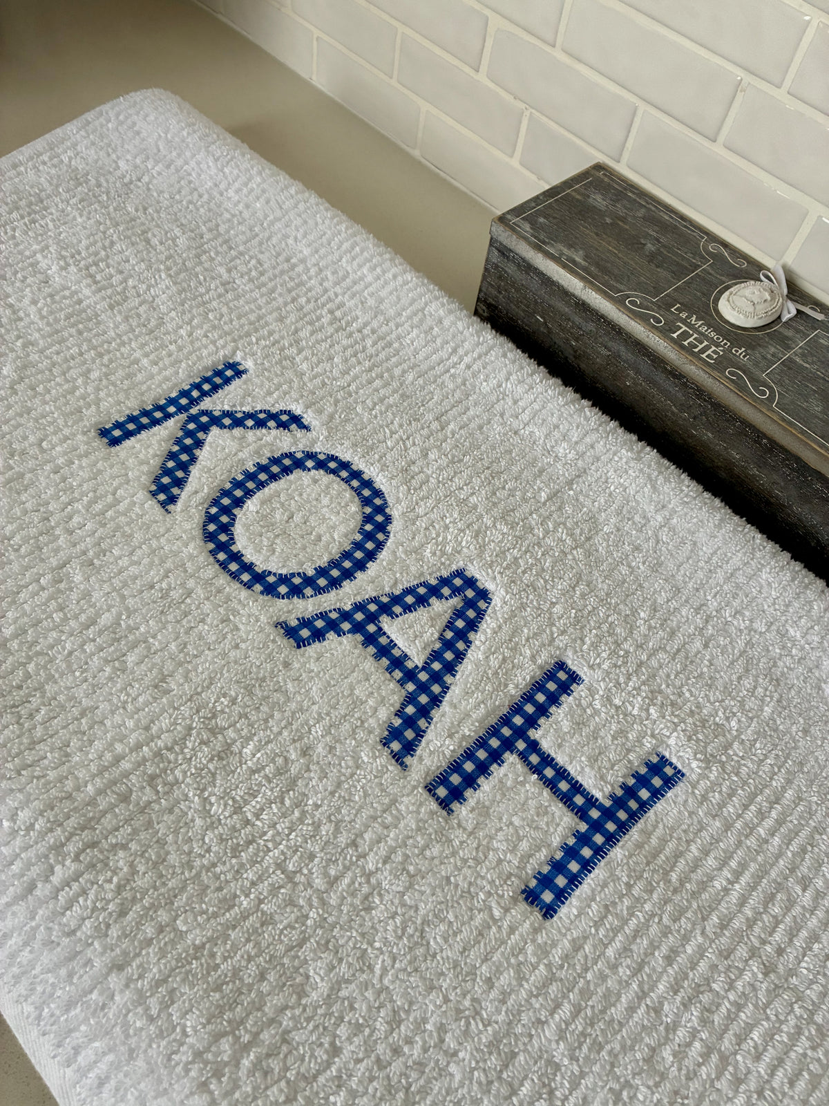 Personalised Bath Towels - Classic Dark Blue & White Gingham Appliqué