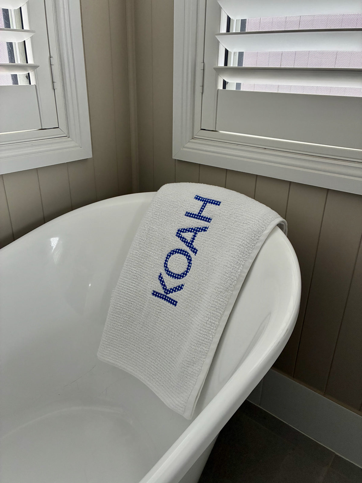 Personalised Bath Towels - Classic Dark Blue & White Gingham Appliqué