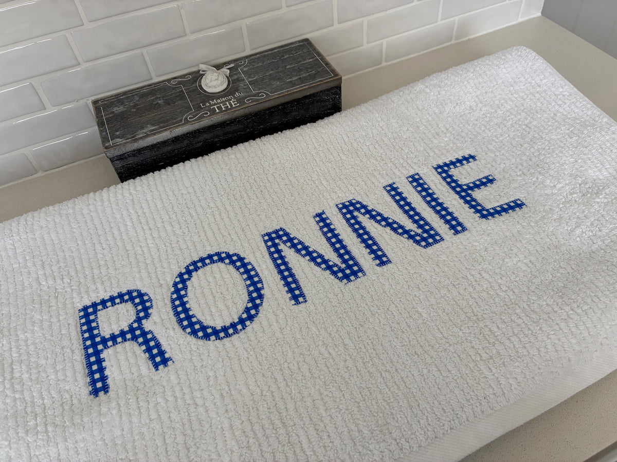 Personalised Bath Towels - Classic Dark Blue & White Gingham Appliqué