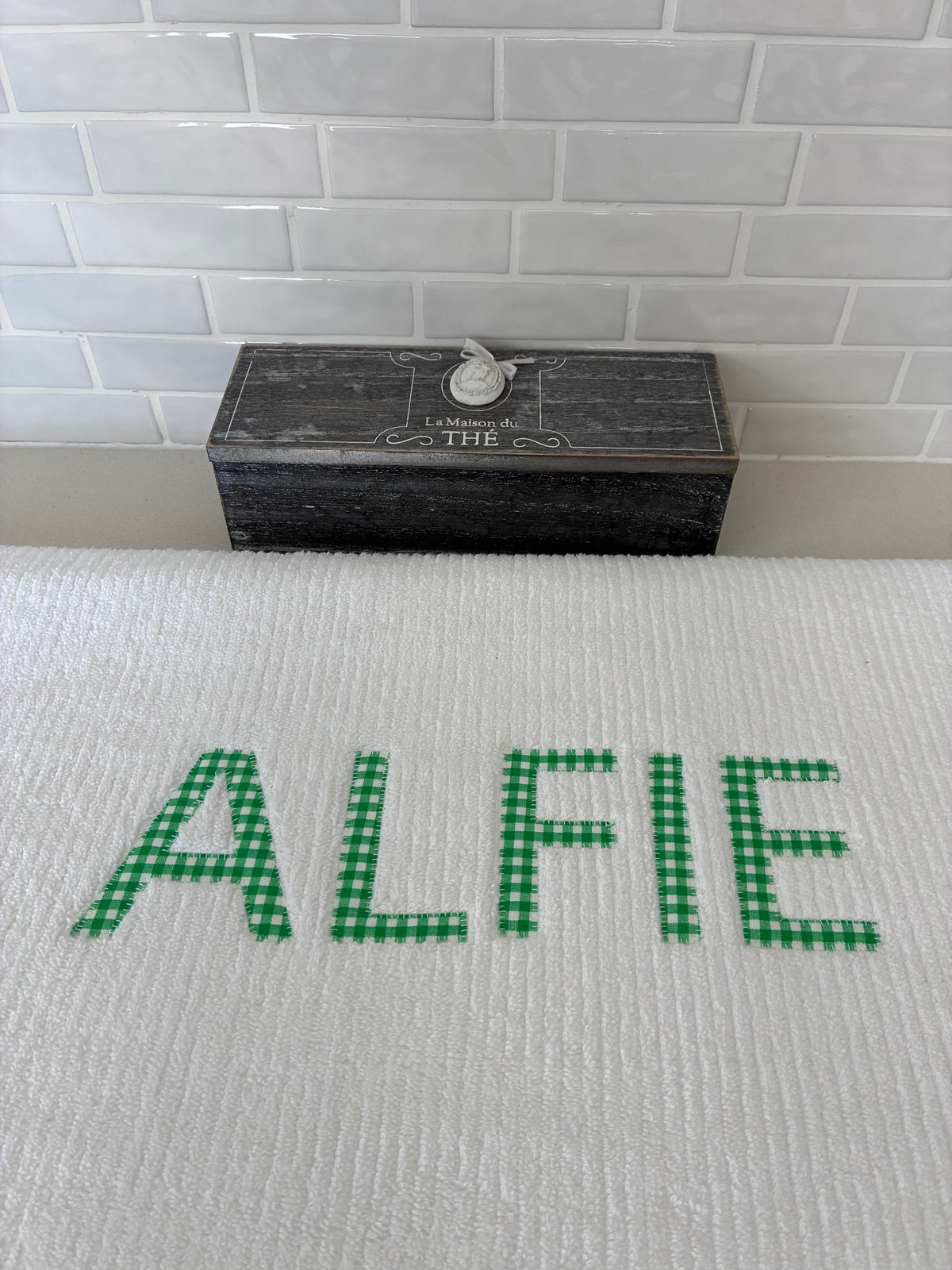 Personalised Bath Towels - Classic Green & White Gingham Appliqué