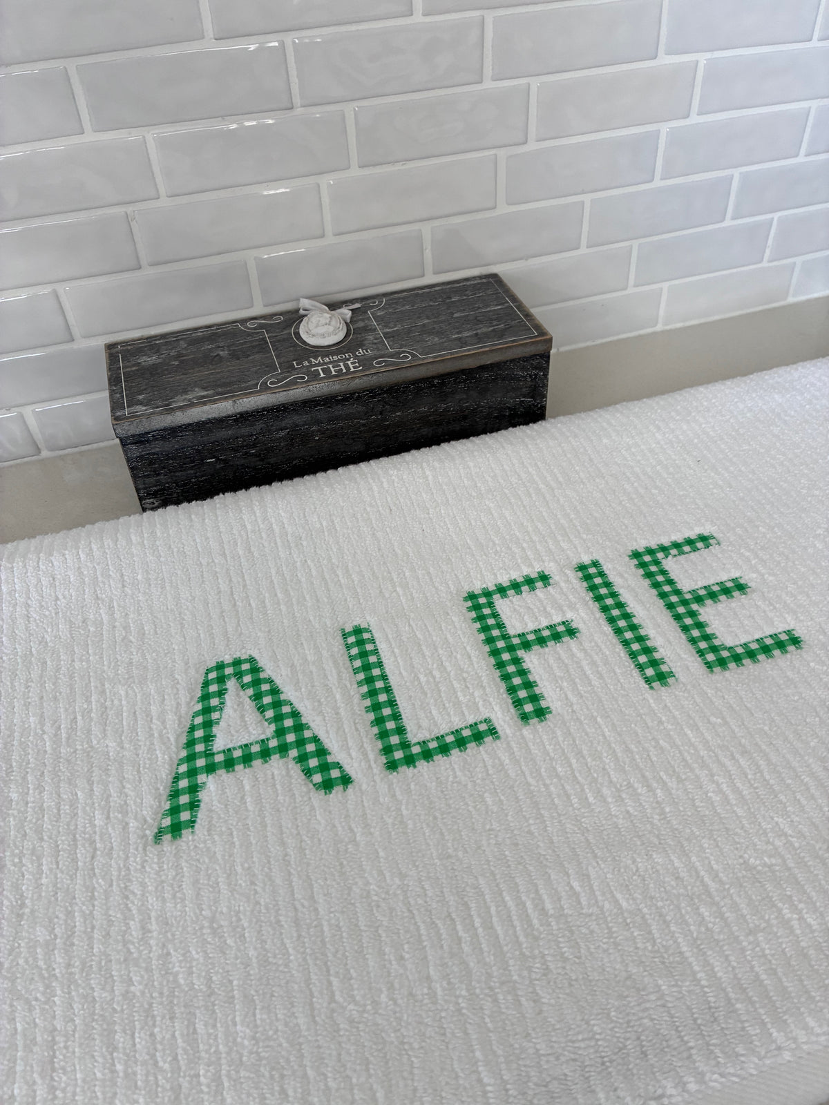 Personalised Bath Towels - Classic Green & White Gingham Appliqué
