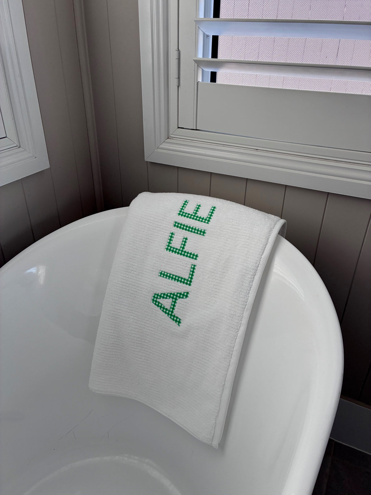 Personalised Bath Towels - Classic Green & White Gingham Appliqué