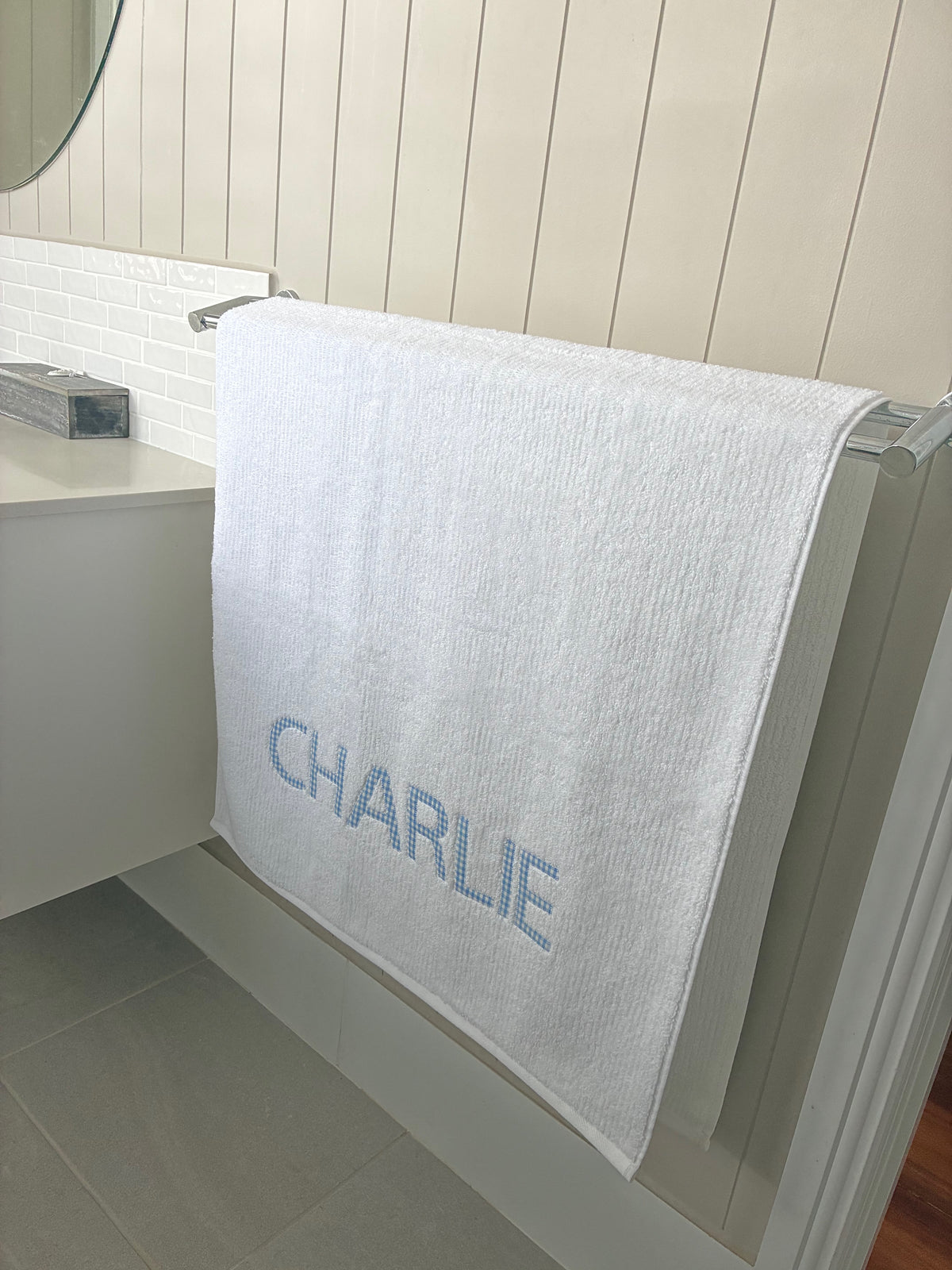 Personalised Bath Towels - Classic Pale Blue & White Gingham Appliqué