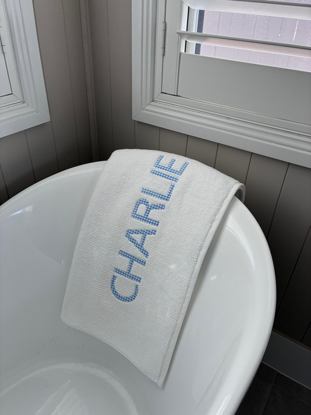 Personalised Bath Towels - Classic Pale Blue & White Gingham Appliqué