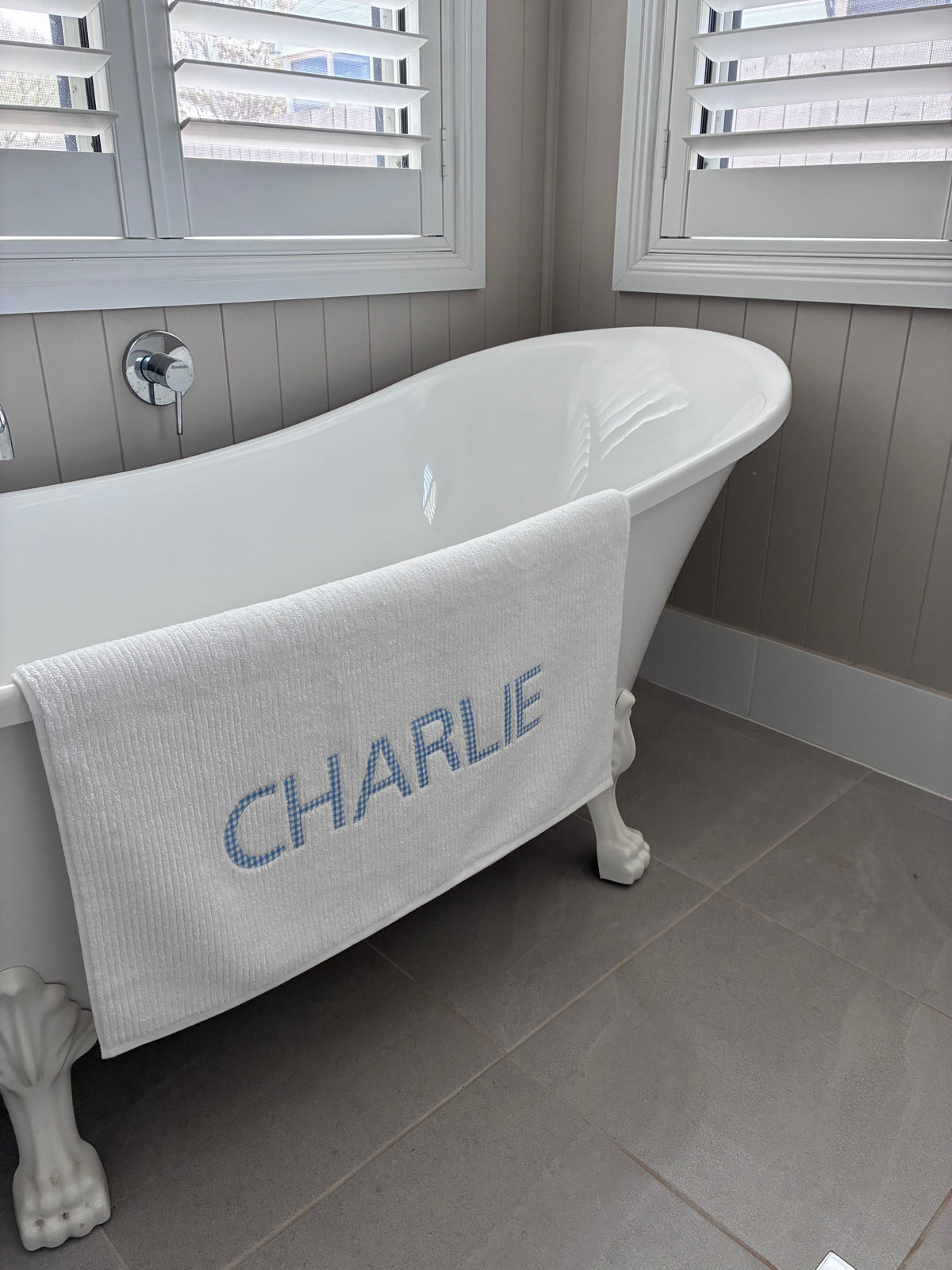 Personalised Bath Towels - Classic Pale Blue & White Gingham Appliqué